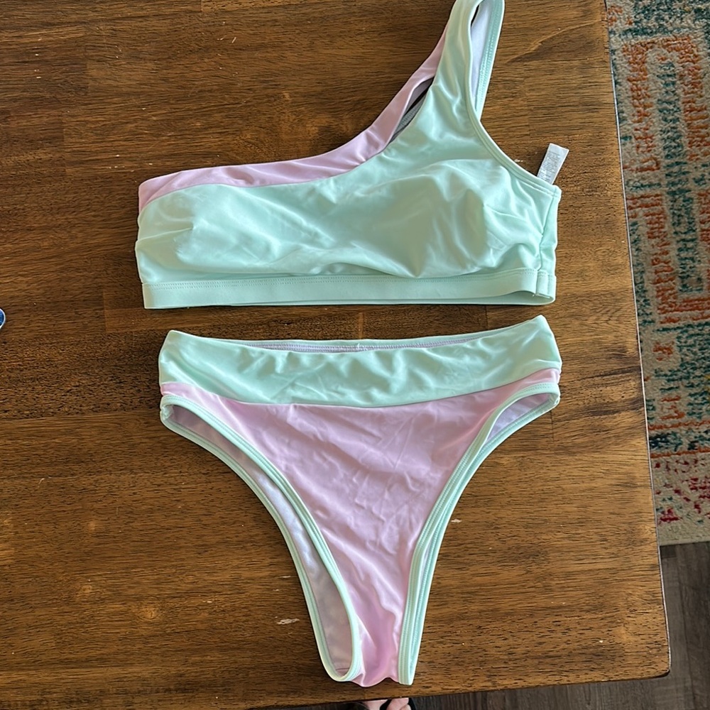 Mint and Pink One-Shoulder Bikini Set